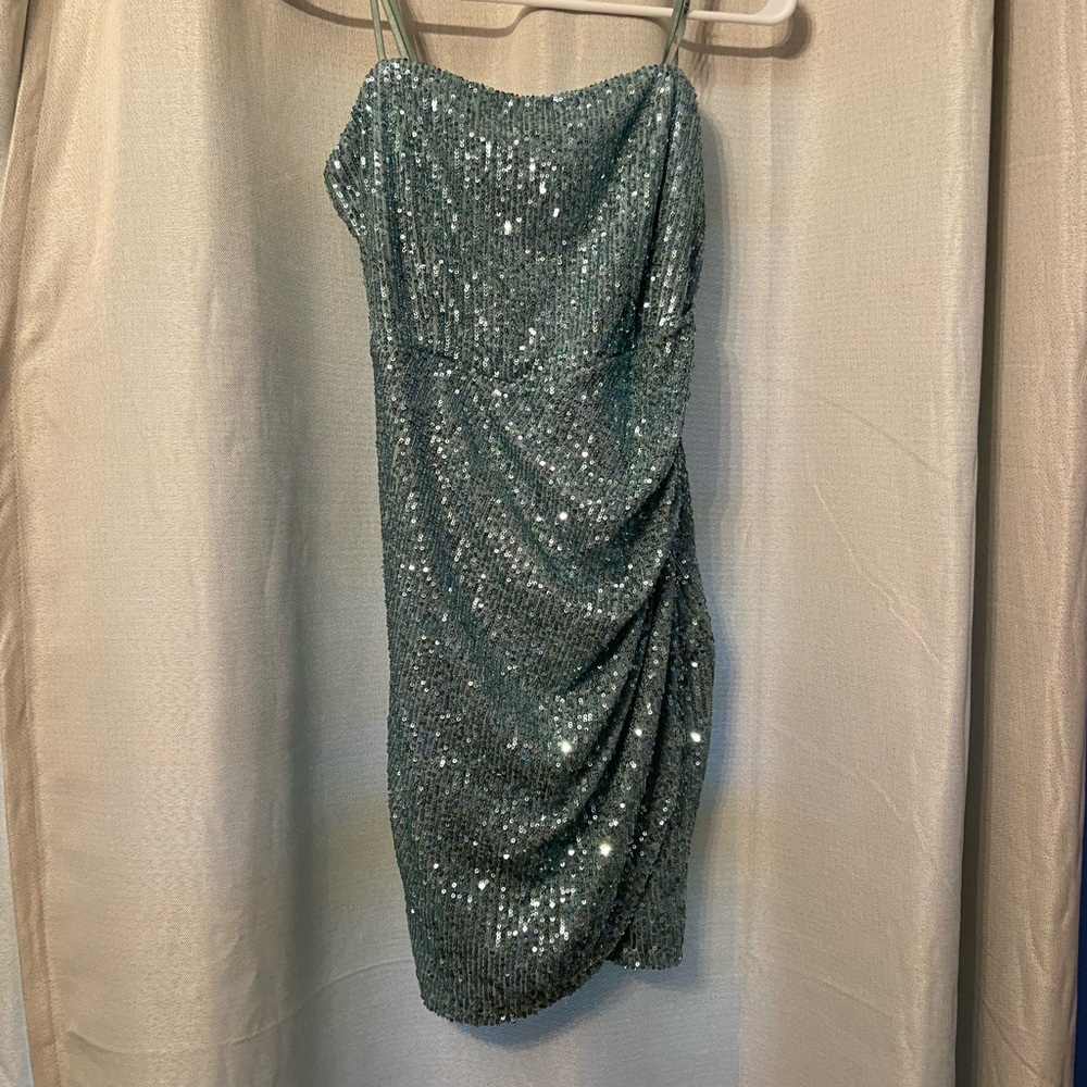 Stunning Aqua Color Sequin Mini Dress.
